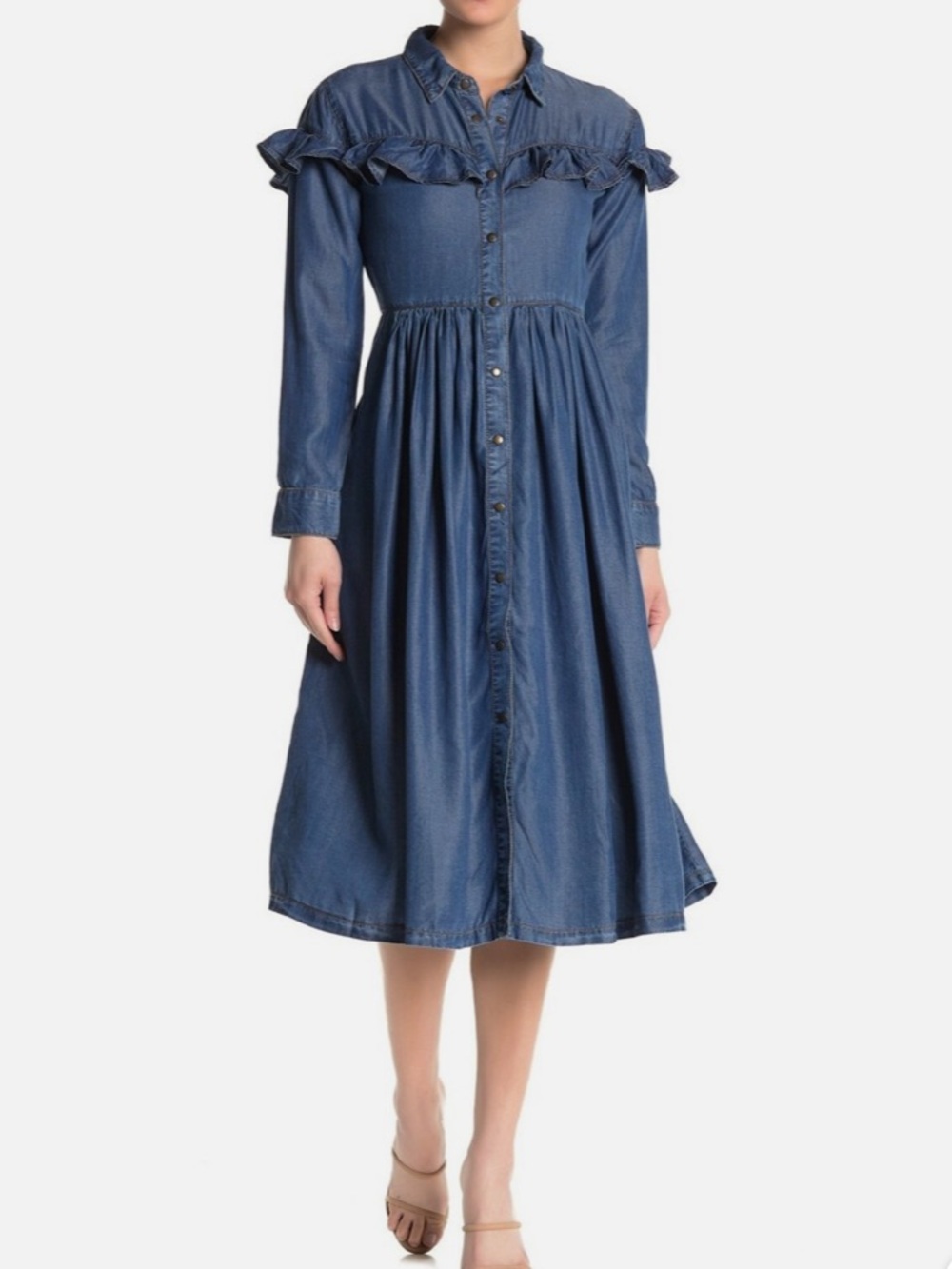 Free People Small Montana Sunset Ruffle Denim Blue Chambray Midi Shirt Dress